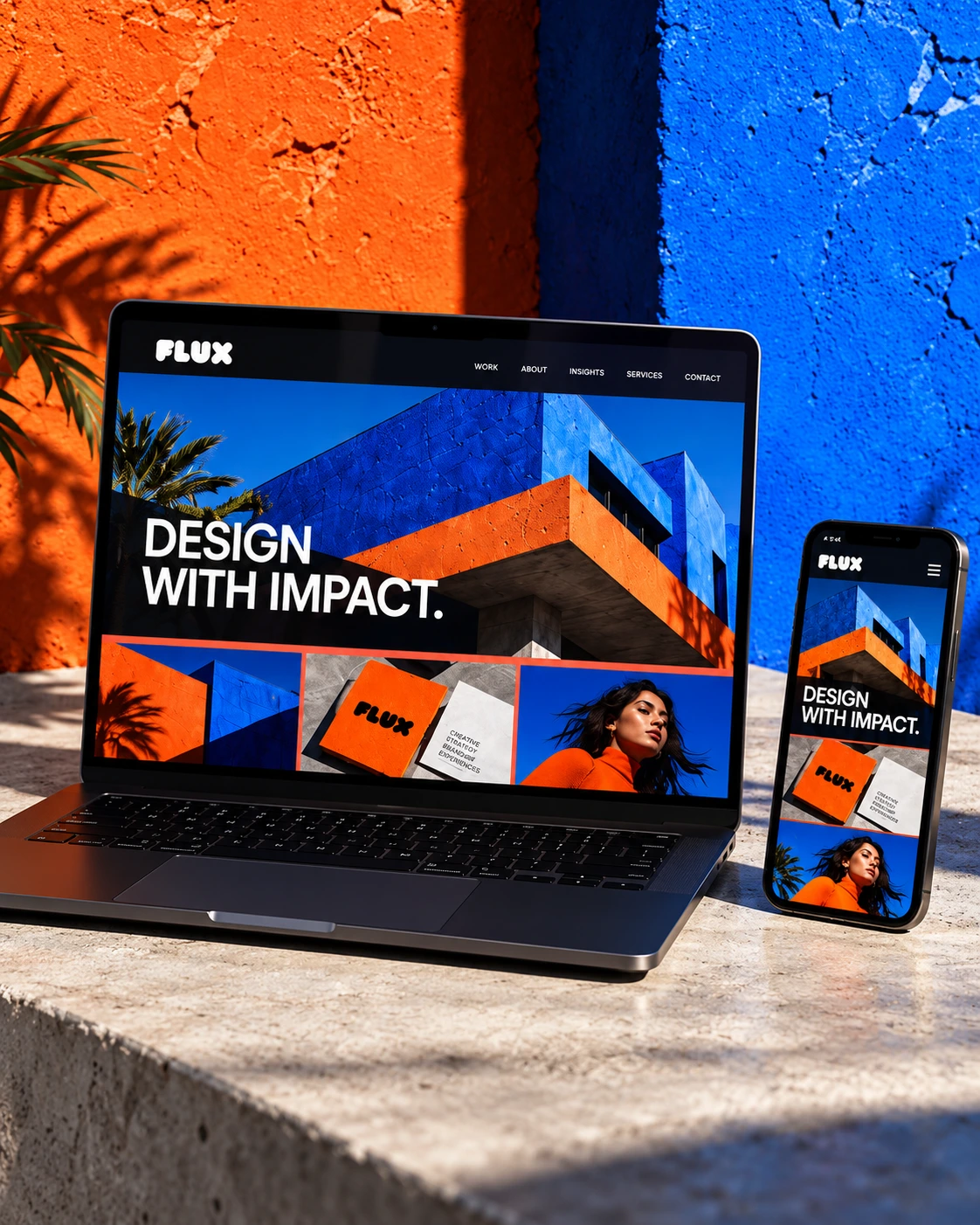 Flux Design With Impact website on a laptop and phone against orange and blue walls.