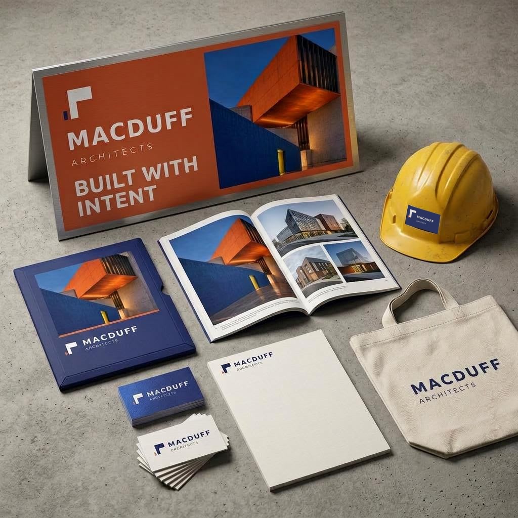Macduff Architects branding concept on a proposal folder, brochure, stationery, site sign, hard hat and canvas tote.