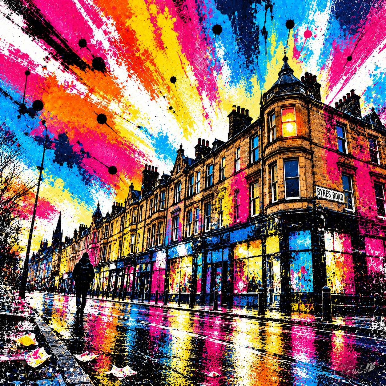 Digital artwork of sandstone buildings on Byres Road in Glasgow, with a lone figure and rain-soaked reflections amid vivid pink, blue, orange and yellow paint splashes