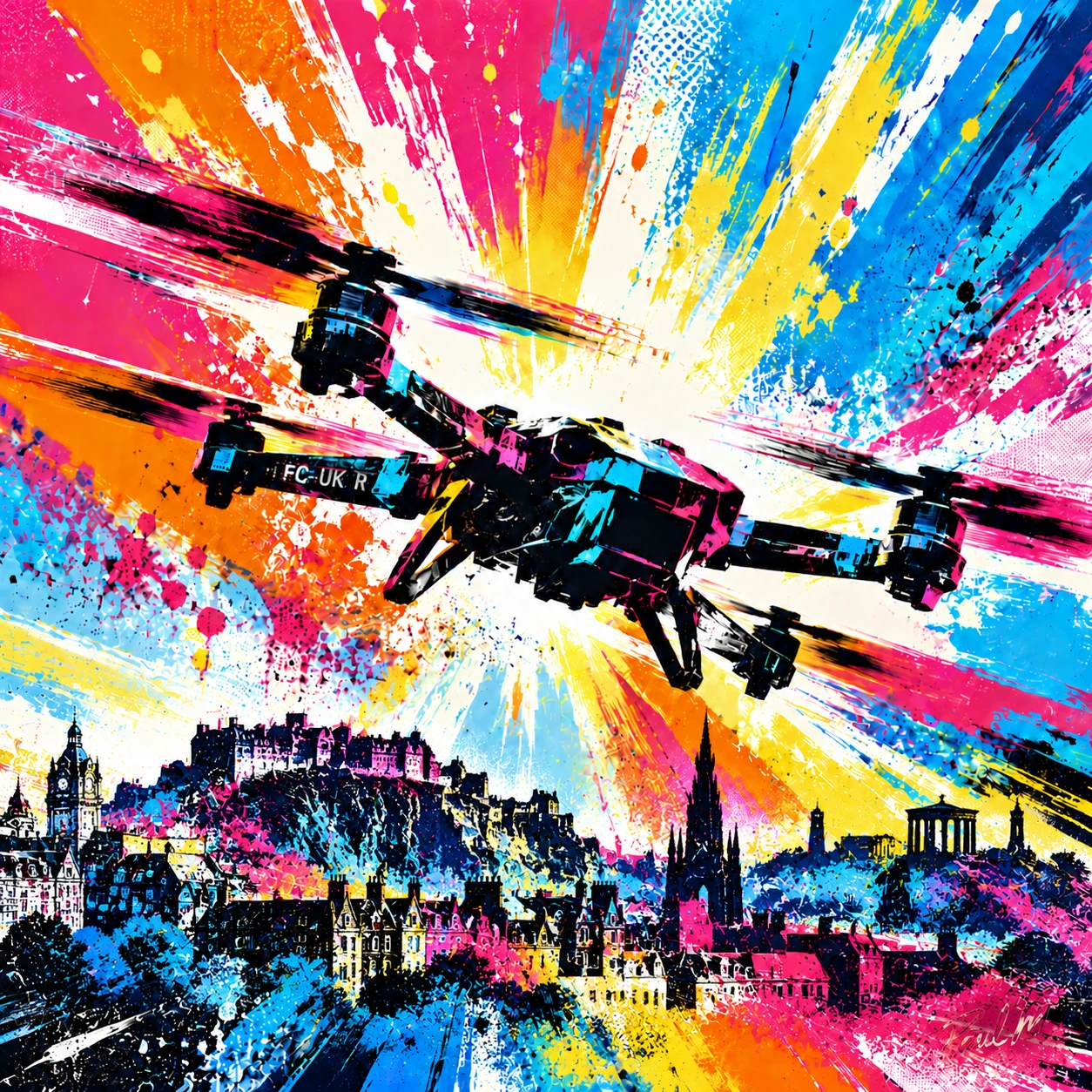 Digital artwork of a drone above Edinburgh Castle and the city skyline amid vivid pink, orange, yellow and blue paint strokes