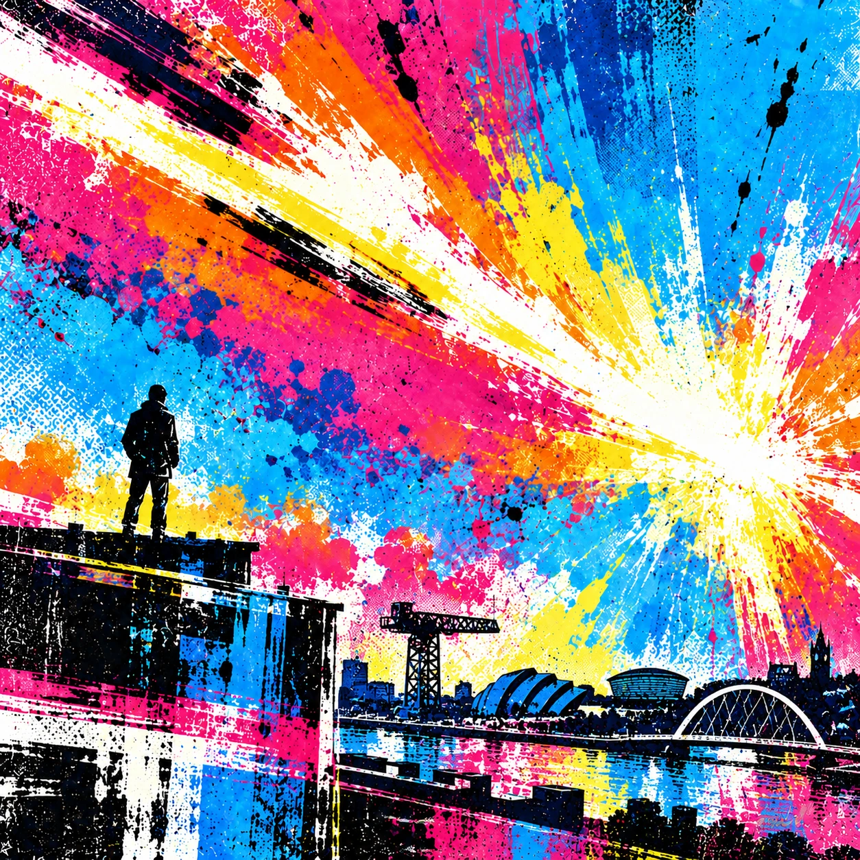 Digital artwork of a rooftop figure overlooking Glasgow’s Clyde skyline beneath vivid pink, blue, orange and yellow paint strokes