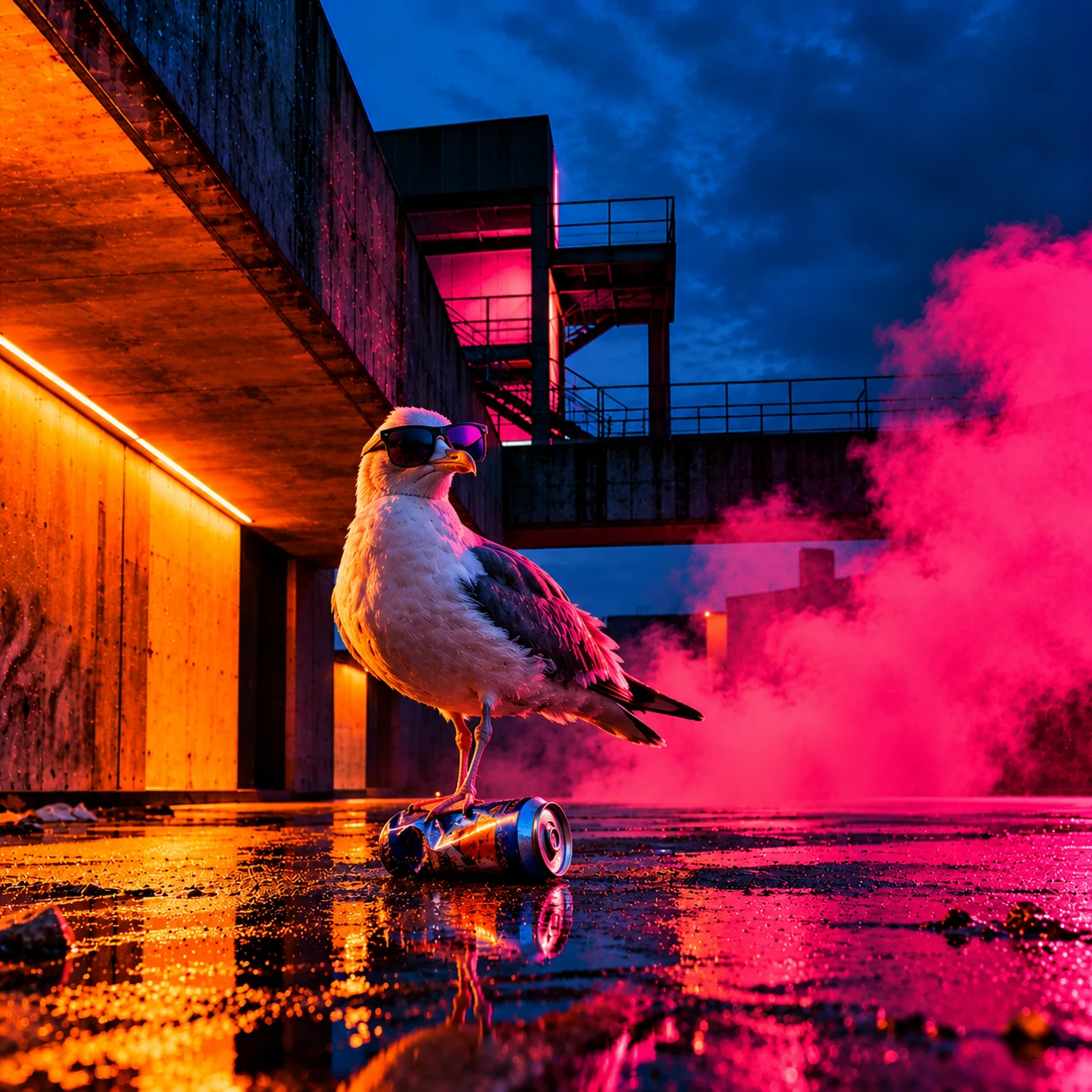 A seagull wearing sunglasses stands on a crushed can beside orange-lit architecture and bright pink smoke