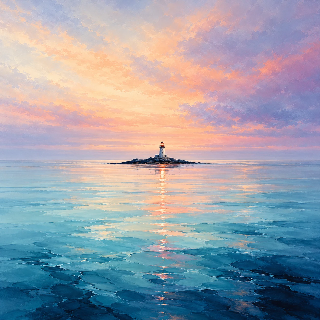 Digital artwork of a lighthouse on a rocky islet in a calm blue sea, with warm light reflected beneath a peach, pink and lavender sky