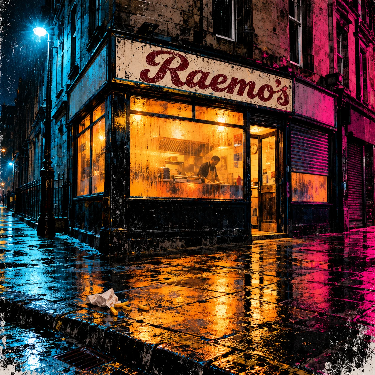 Digital artwork of a warmly lit corner takeaway at night, with a cook behind rain-streaked windows and vivid turquoise, pink and orange reflections on the wet pavement