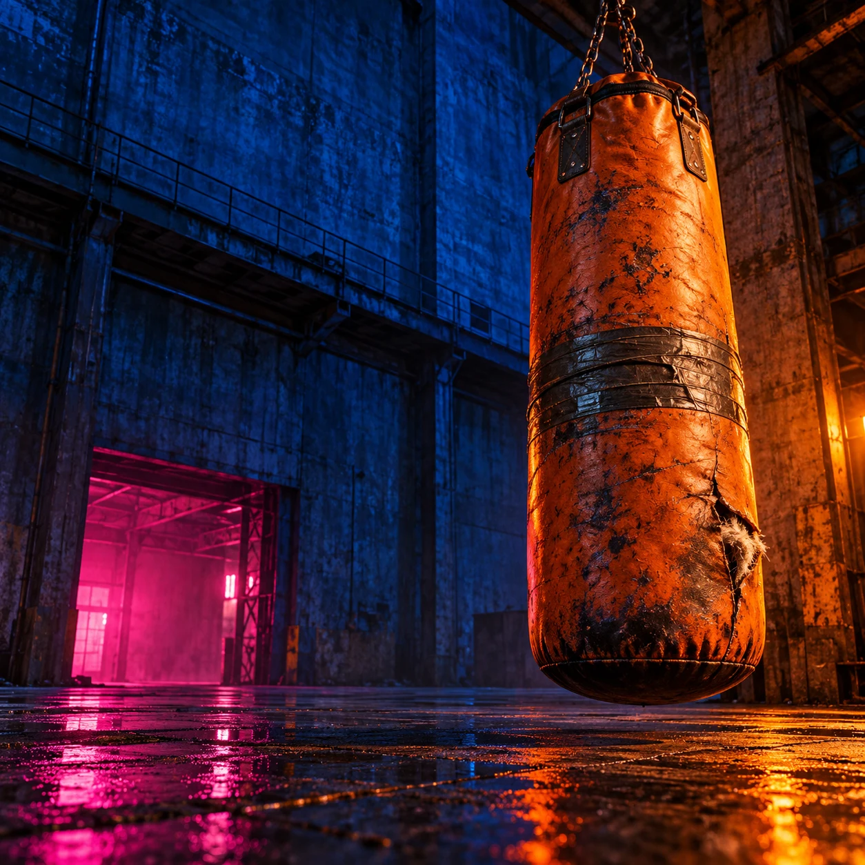 Digital artwork of a worn orange punching bag suspended by chains in a blue-lit industrial hall, with pink light and reflections on the wet floor