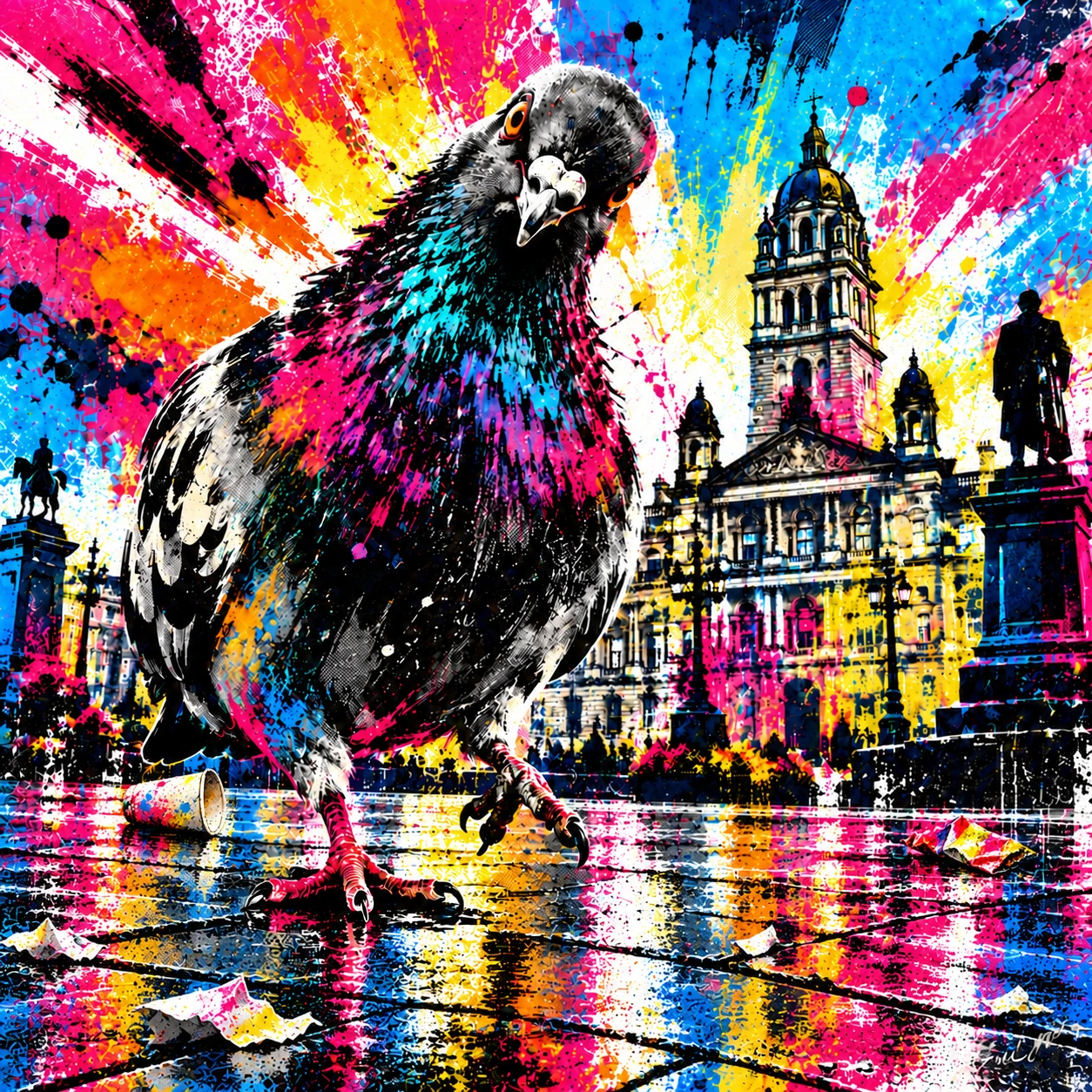 Digital artwork of a giant pigeon in front of Glasgow City Chambers amid bright pink, orange, yellow and blue paint splashes