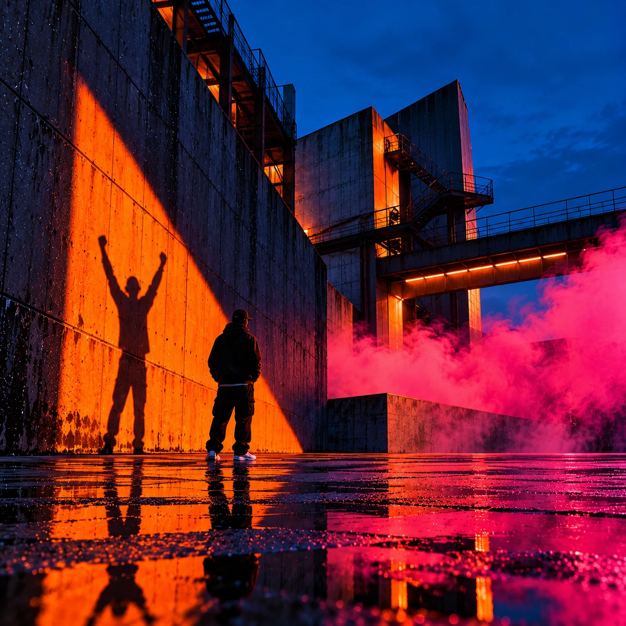 Digital artwork of a figure beside a raised-arms shadow on an orange-lit concrete wall, with industrial walkways, vivid pink smoke and reflections on wet ground