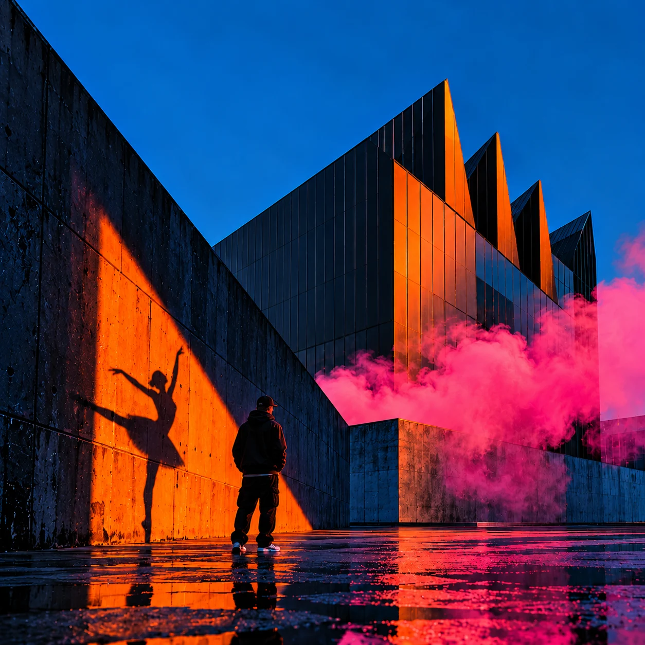 A figure and an outstretched shadow beneath angular architecture with orange lighting and pink smoke