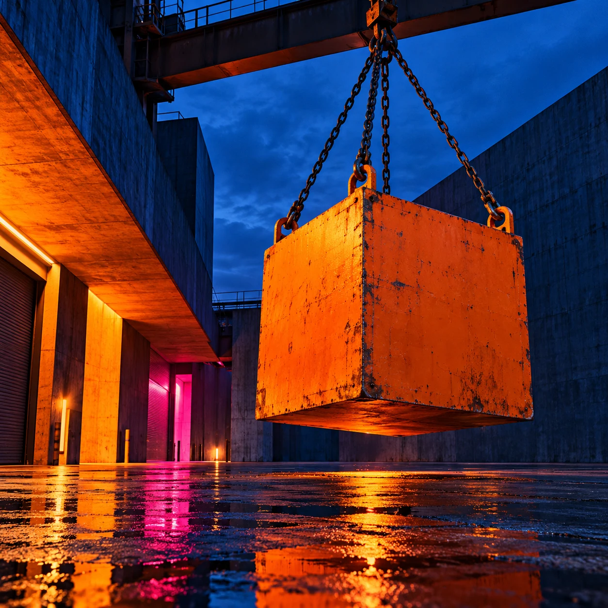 Digital artwork of a large orange cube suspended by chains above a rain-soaked concrete courtyard, with blue architecture, pink light and vivid reflections