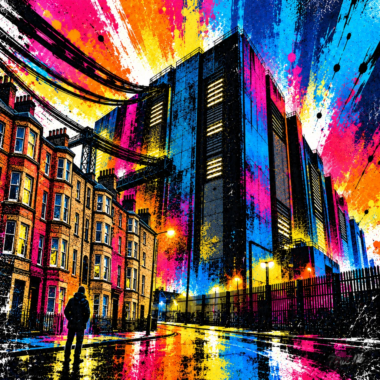 Digital artwork of a high-rise tower beside sandstone tenements, overhead cables and a lone figure on a rain-soaked street in vivid pink, blue, orange and yellow