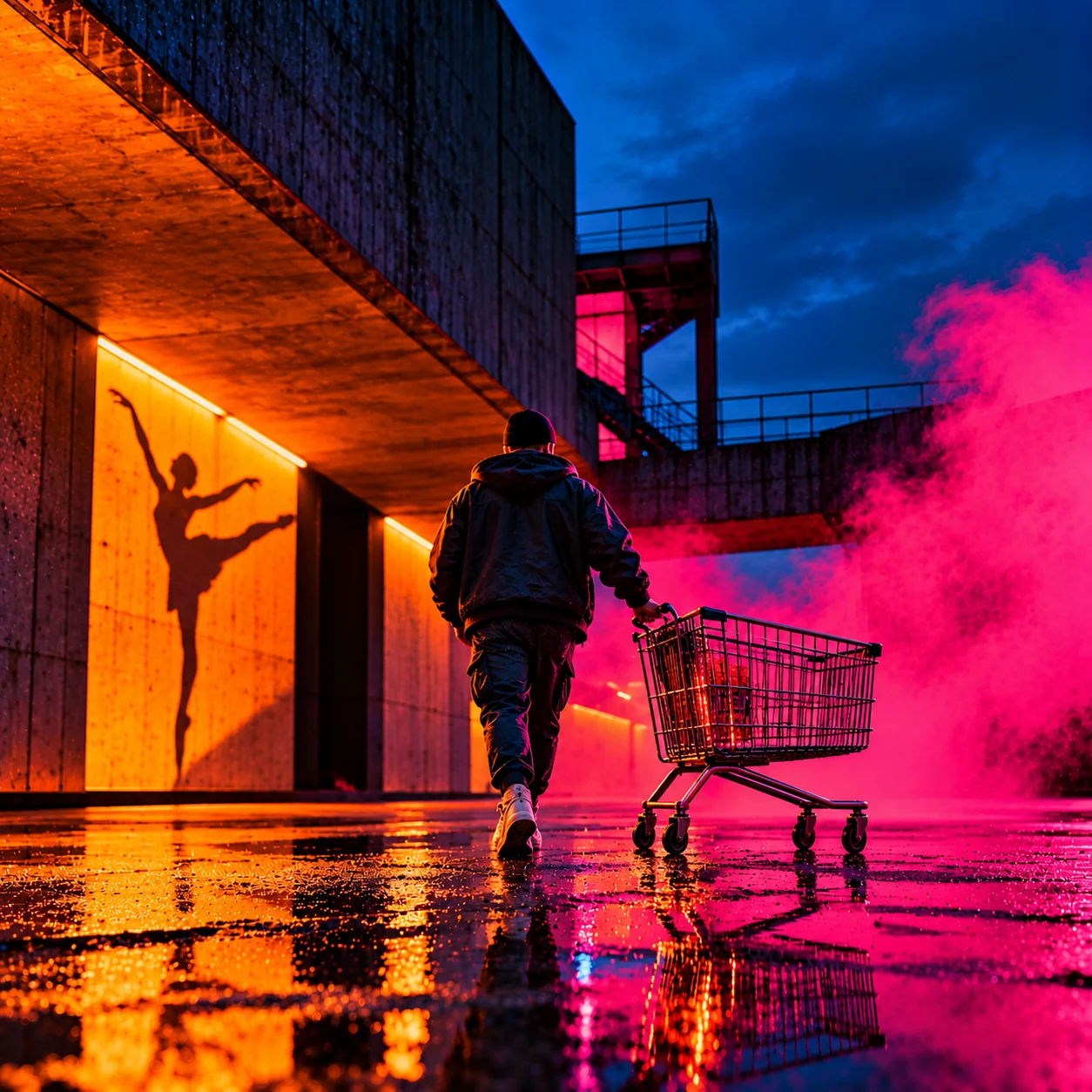 A person pushes a shopping trolley through pink smoke beside an orange-lit wall with a dancer’s shadow and rain-soaked reflections