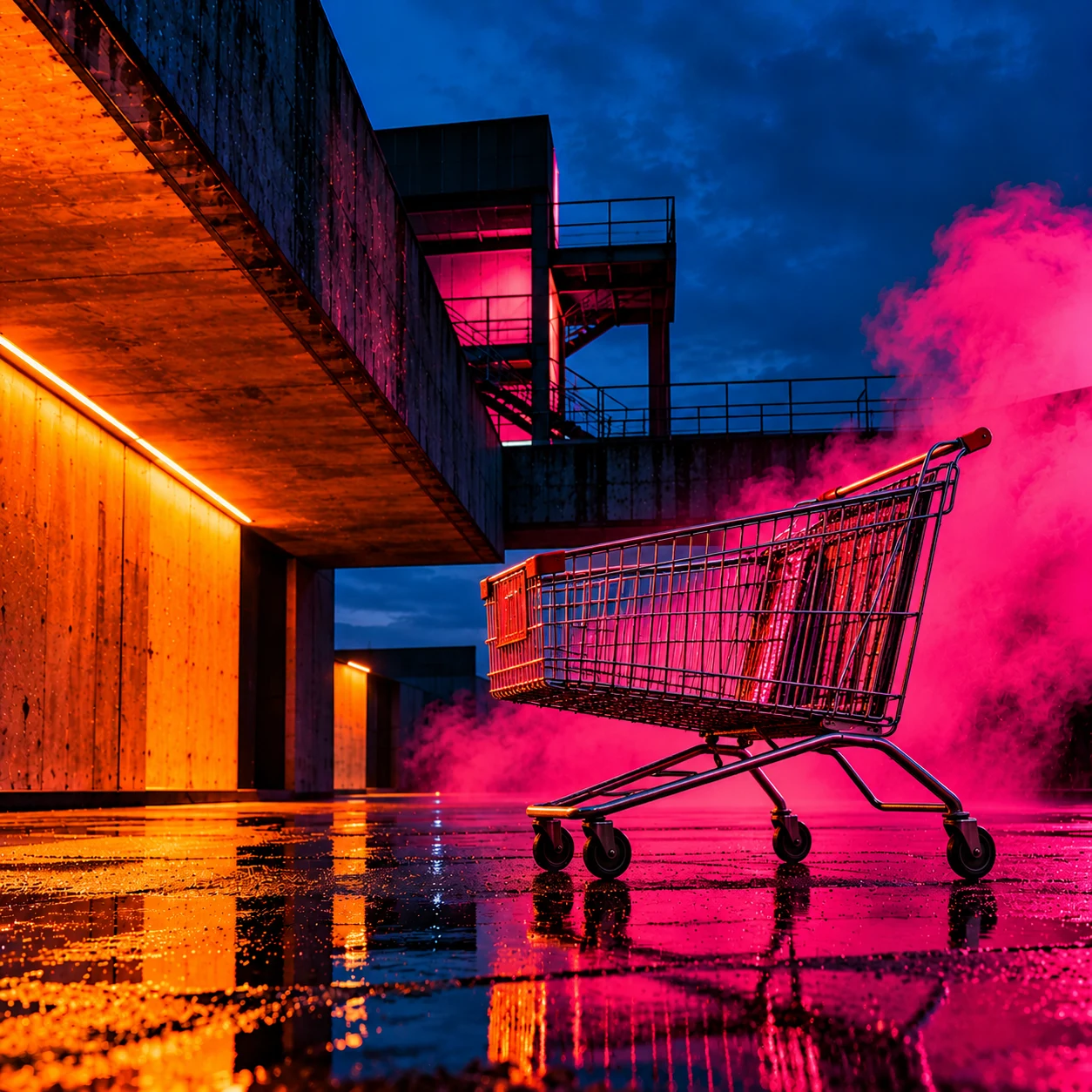 A shopping trolley standing alone amid vivid pink smoke and orange-lit architecture