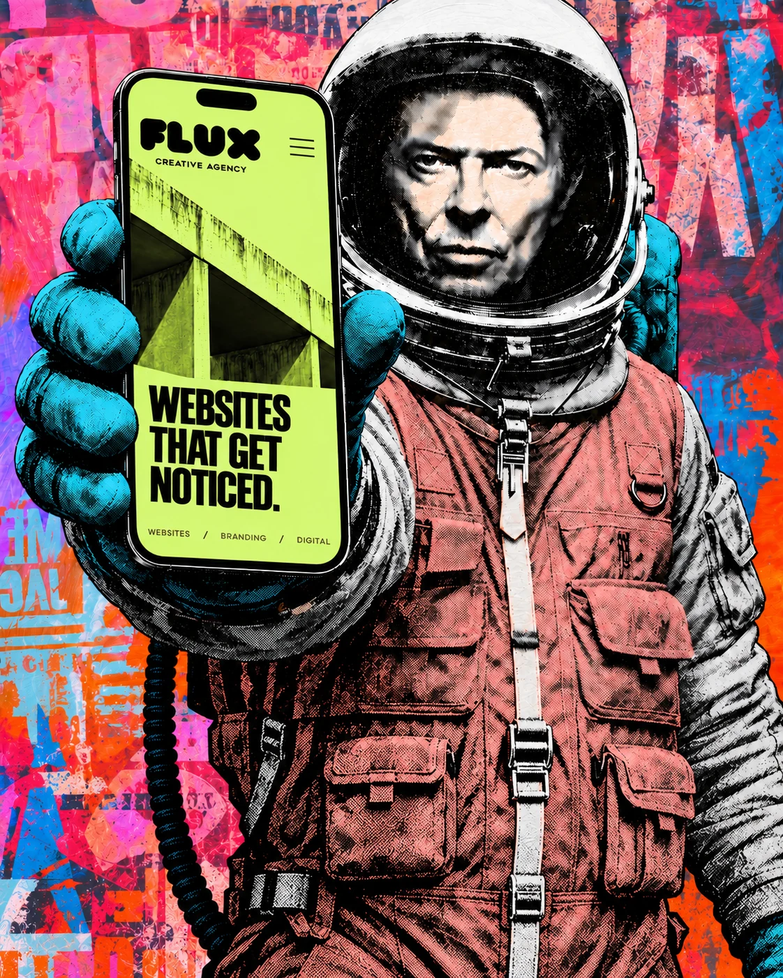 Colourful Flux artwork of an astronaut holding a phone displaying Websites That Get Noticed