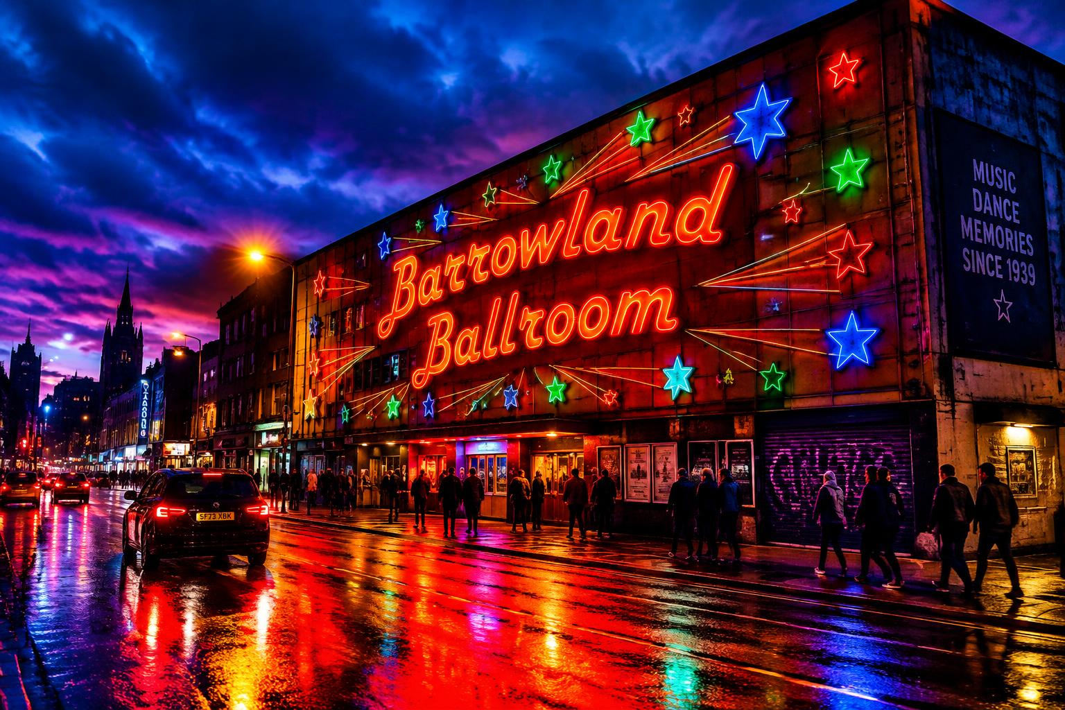 The colourful neon Barrowland Ballroom sign against a dramatic Glasgow evening sky