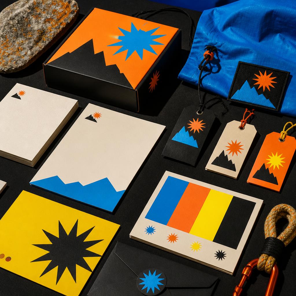 A vivid brand identity concept laid out as printed cards, packaging and fabric patches in orange, blue, yellow and black.