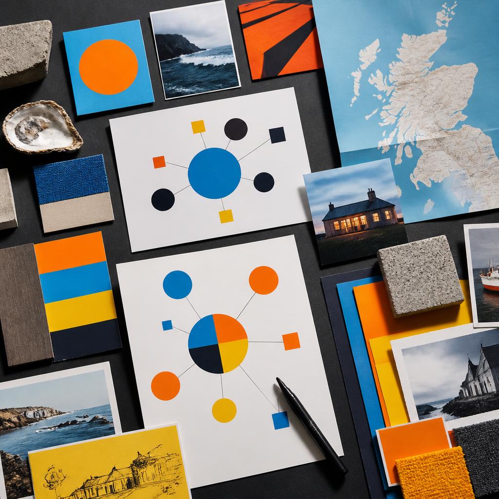 A brand strategy moodboard of Scottish coastal references, maps, colour cards and connected ideas in blue, orange and yellow.