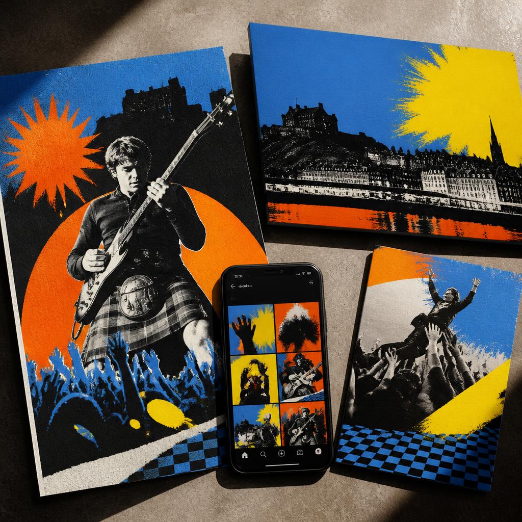 A punchy digital campaign concept of typographic posters, social tiles and geometric artwork in electric blue, orange and yellow.