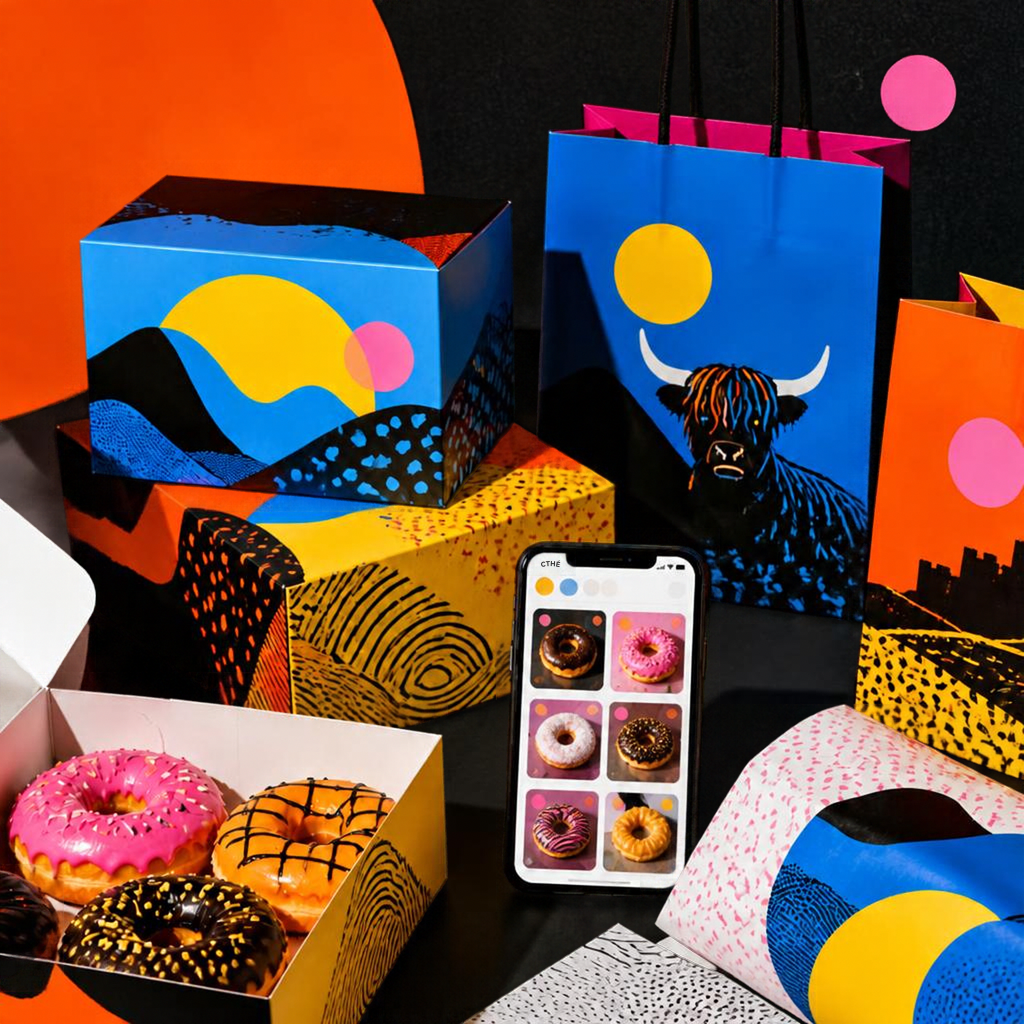 Colourful concept shop packaging, shopping bags, doughnuts and a phone showing a playful e-commerce product grid.
