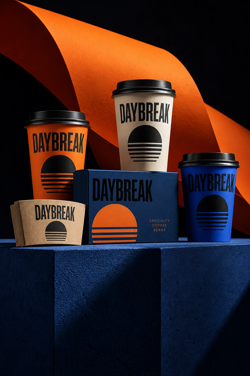 Daybreak coffee cups and packaging in orange, navy and cream